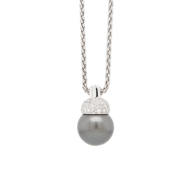 Black Tahitian Pearl and Diamond 18 Carat White Gold Pendant and Wheat Chain