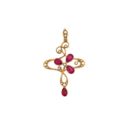 Edwardian Synthetic Ruby and Seed Pearl 15K Yellow Gold Lavaliere Style Pendant
