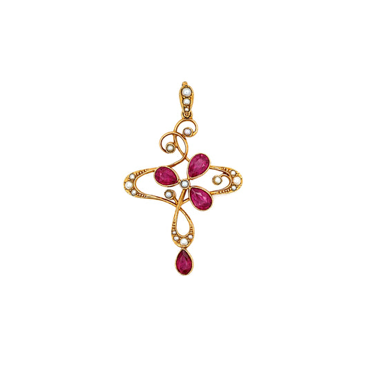 Edwardian Synthetic Ruby and Seed Pearl 15K Yellow Gold Lavaliere Style Pendant