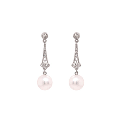 Pearl and Old Cut Diamond Open Work Platinum Drop Earrings