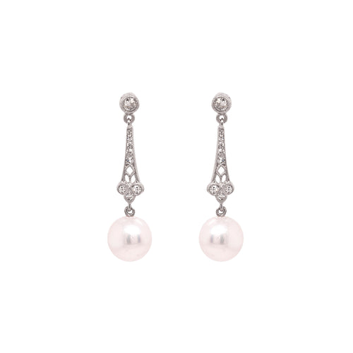 Pearl and Old Cut Diamond Open Work Platinum Drop Earrings