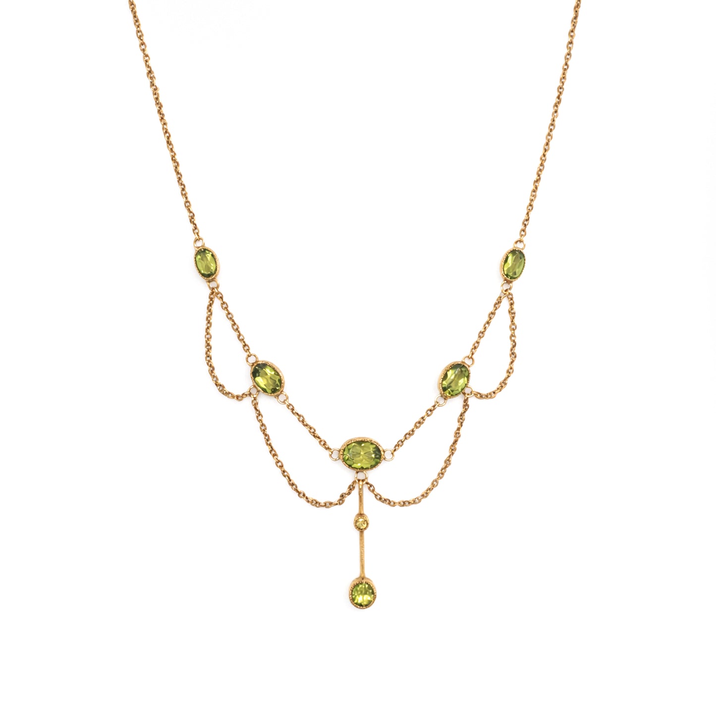 Edwardian Style Oval Peridot Drop Chain Necklace in 9 Carat Yellow Gold