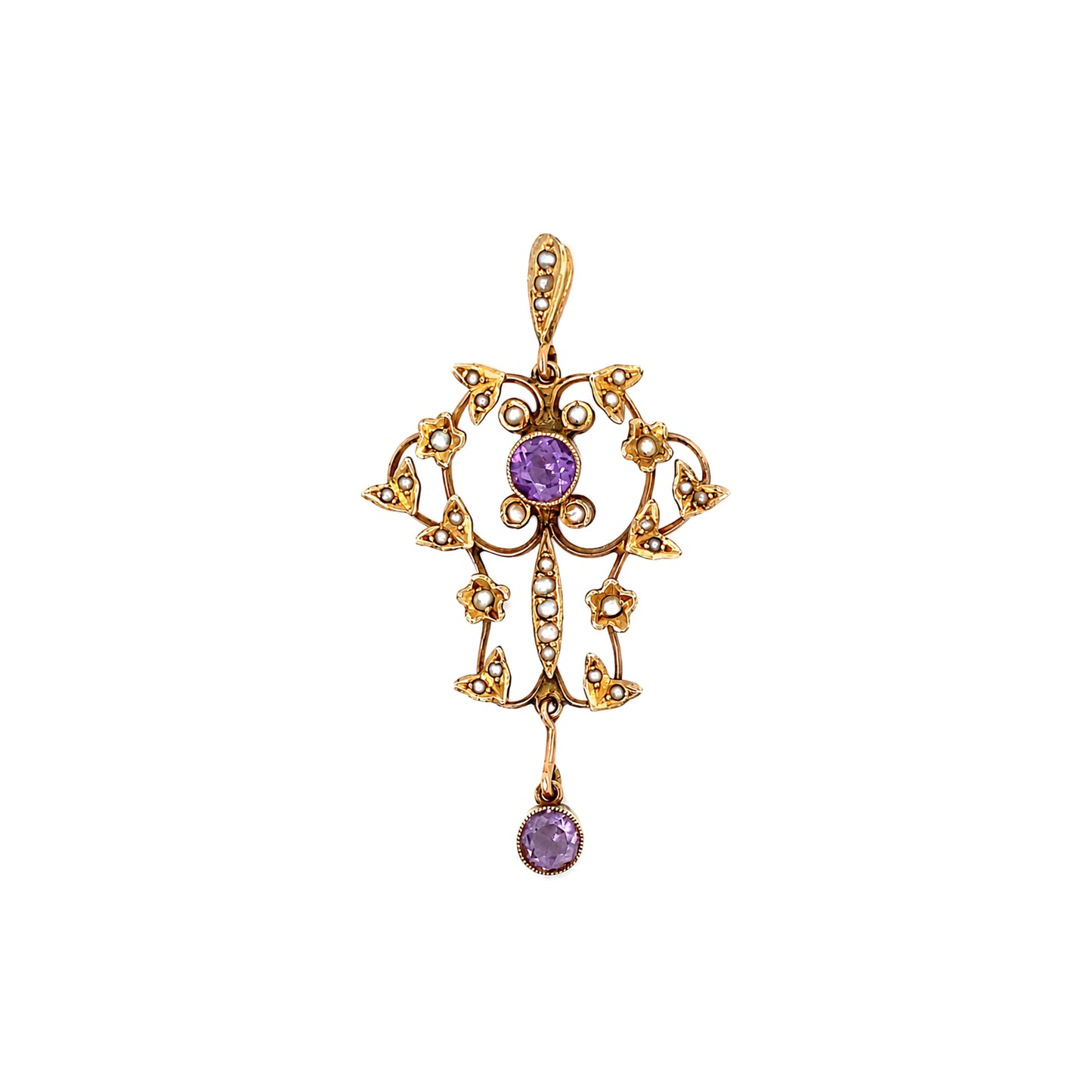 Late Victorian Amethyst & Seed Pearl 9 Carat Yellow Gold Lavaliere Style Pendant