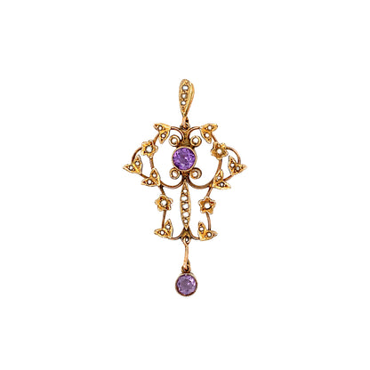 Late Victorian Amethyst & Seed Pearl 9 Carat Yellow Gold Lavaliere Style Pendant