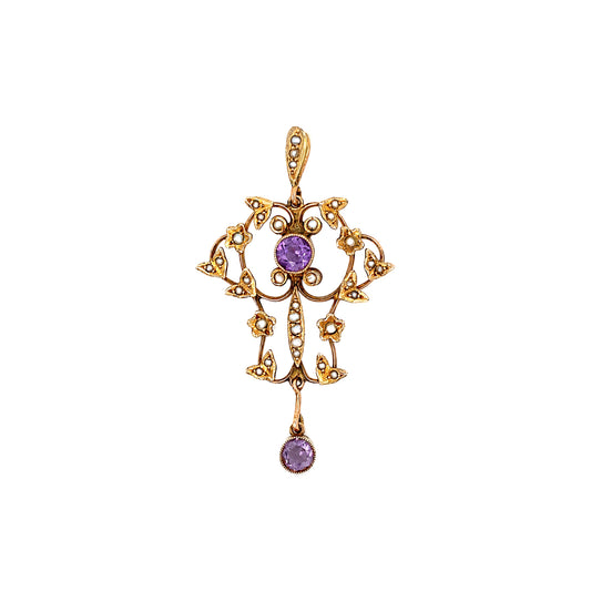 Late Victorian Amethyst & Seed Pearl 9 Carat Yellow Gold Lavaliere Style Pendant