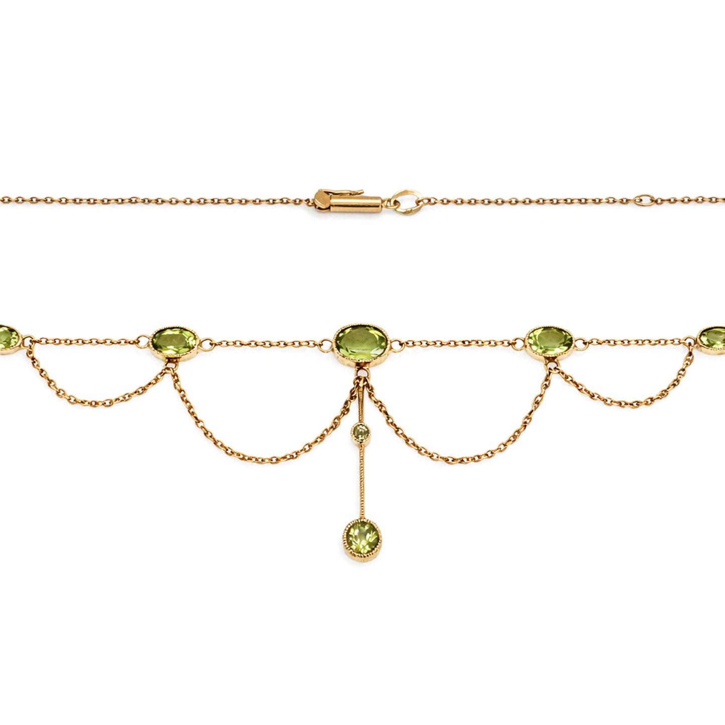 Edwardian Style Oval Peridot Drop Chain Necklace in 9 Carat Yellow Gold