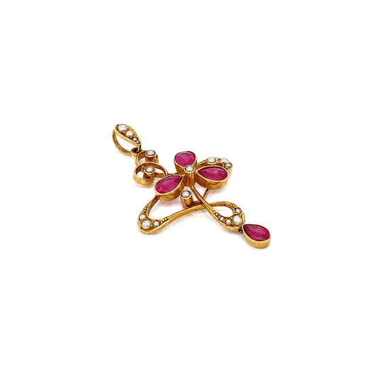Edwardian Synthetic Ruby and Seed Pearl 15K Yellow Gold Lavaliere Style Pendant