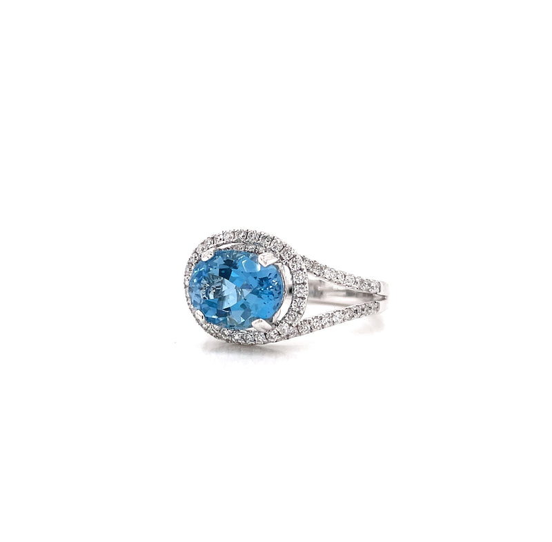 2.70ct Aquamarine and Diamond Cluster 18 Carat White Gold Swirl Dress Ring