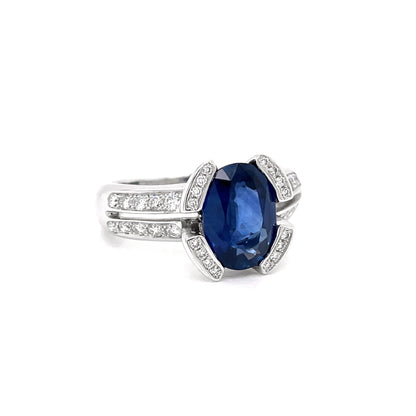 French 2.75 Carat Blue Sapphire and Diamond 18 Carat Gold Engagement Ring