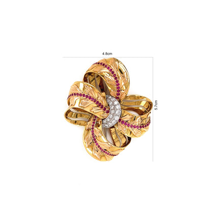 Vintage 18ct Gold Diamond and Ruby Floral Ribbon Brooch, circa 1950's