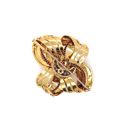 Vintage 18ct Gold Diamond and Ruby Floral Ribbon Brooch, circa 1950's