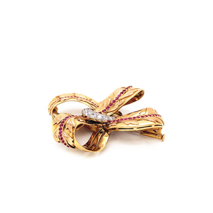 Vintage 18ct Gold Diamond and Ruby Floral Ribbon Brooch, circa 1950's