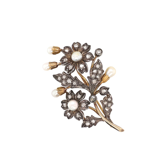 Antique Natural Pearl and Rose Cut Diamond Silver on Gold Floral brooch, c1870's