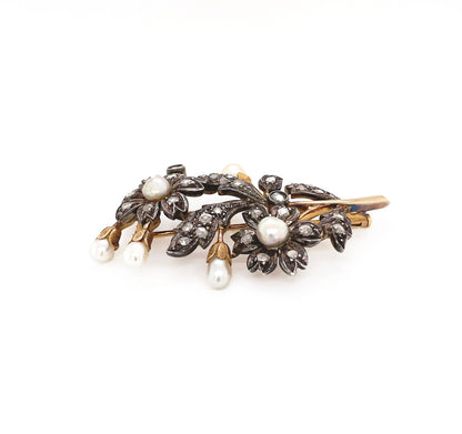 Antique Natural Pearl and Rose Cut Diamond Silver on Gold Floral brooch, c1870's
