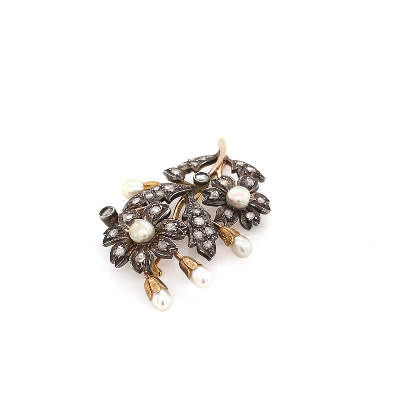 Antique Natural Pearl and Rose Cut Diamond Silver on Gold Floral brooch, c1870's