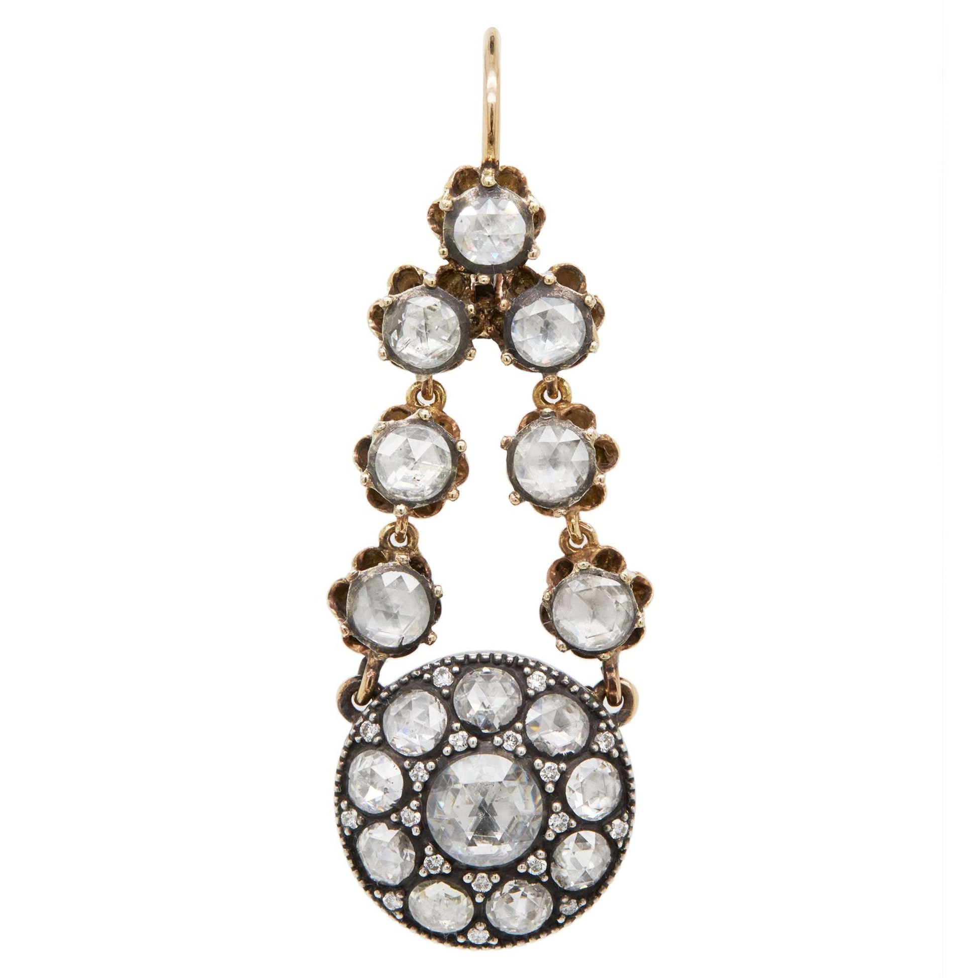 Diamond Cluster Silver on 14 Carat Gold Victorian Style Drop Earrings