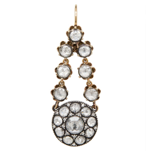 Diamond Cluster Silver on 14 Carat Gold Victorian Style Drop Earrings
