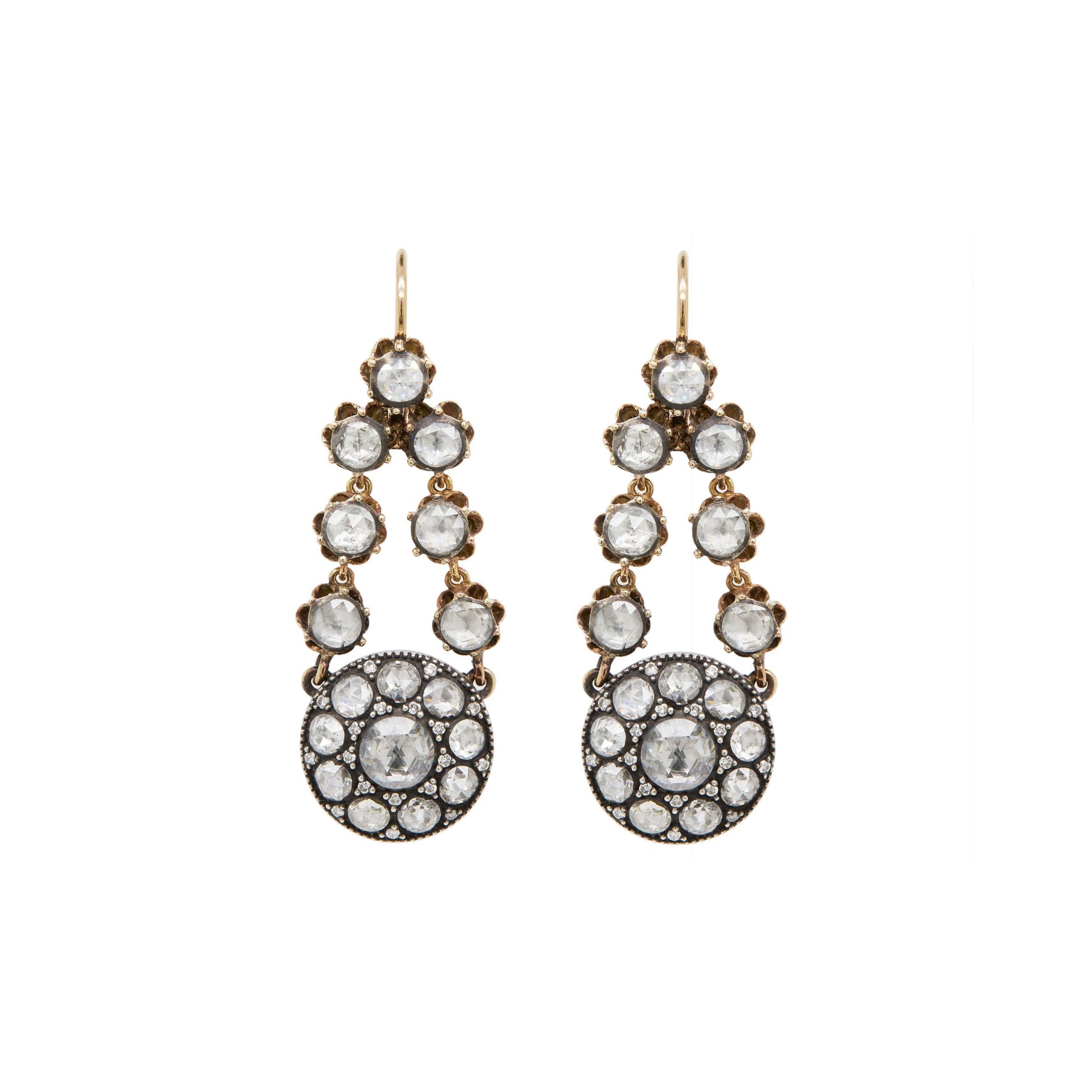 Diamond Cluster Silver on 14 Carat Gold Victorian Style Drop Earrings
