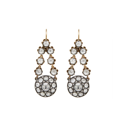 Diamond Cluster Silver on 14 Carat Gold Victorian Style Drop Earrings