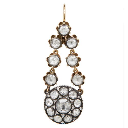 Diamond Cluster Silver on 14 Carat Gold Victorian Style Drop Earrings