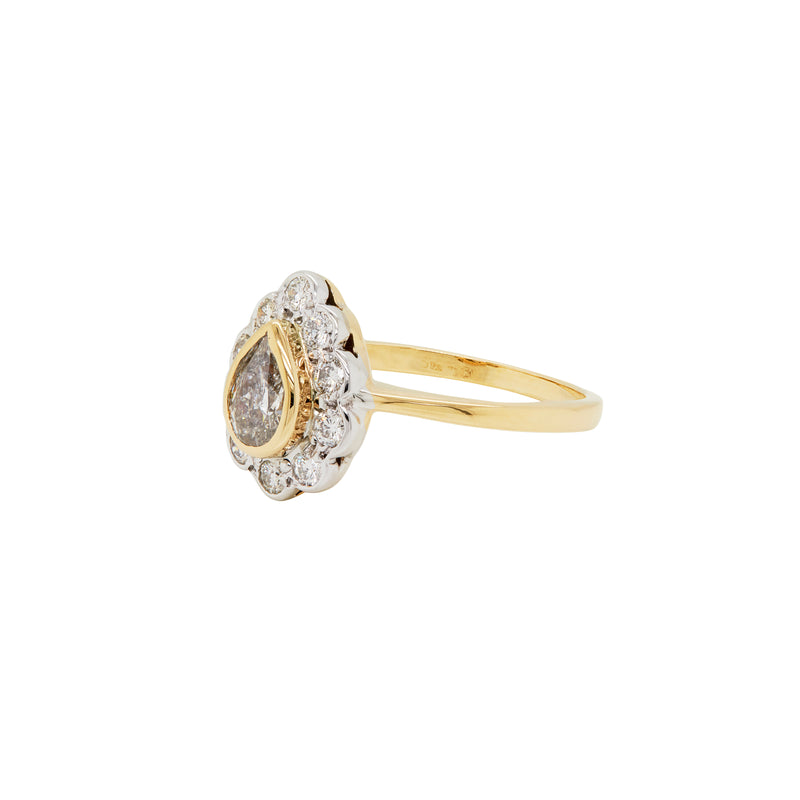 18 Carat White & Yellow Gold Pear Shape Diamond Coronet Cluster Engagement Ring