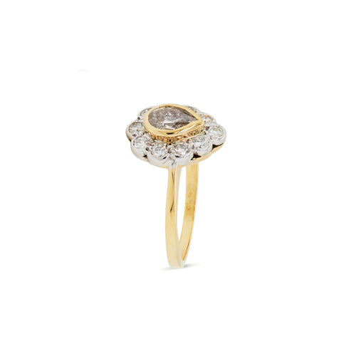 18 Carat White & Yellow Gold Pear Shape Diamond Coronet Cluster Engagement Ring
