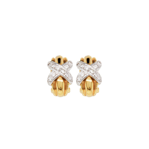 Diamond 18 Carat Yellow and White Gold 'Kiss' Huggie Half-Hoop Earrings