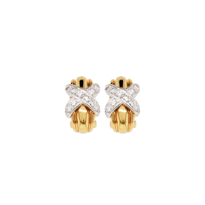 Diamond 18 Carat Yellow and White Gold 'Kiss' Huggie Half-Hoop Earrings