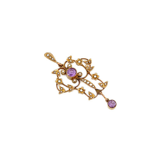 Late Victorian Amethyst & Seed Pearl 9 Carat Yellow Gold Lavaliere Style Pendant