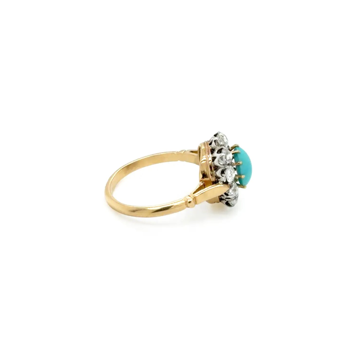 Cabochon Turquoise & Old Cut Diamond 18K Gold and Platinum Coronet Cluster Ring
