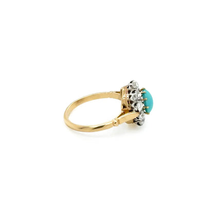 Cabochon Turquoise & Old Cut Diamond 18K Gold and Platinum Coronet Cluster Ring