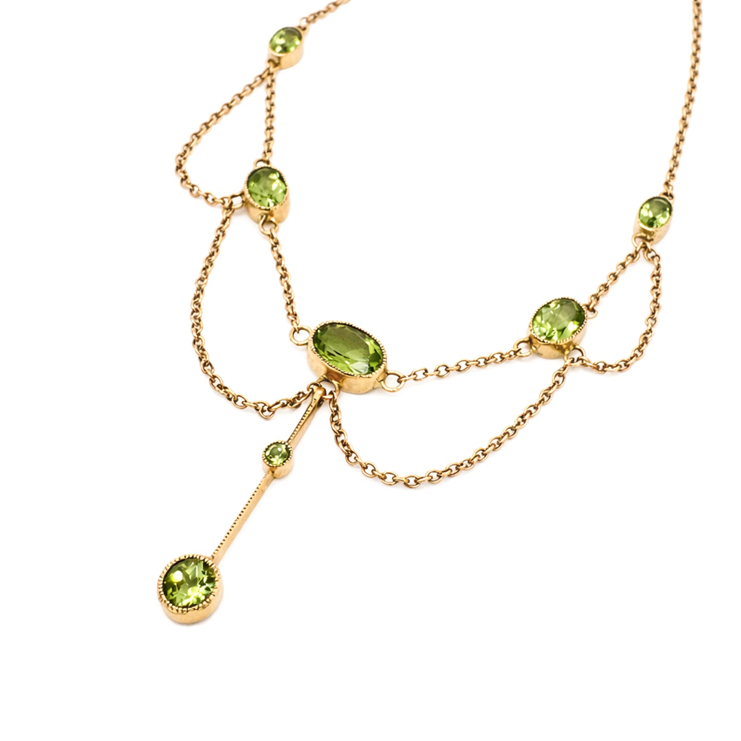 Edwardian Style Oval Peridot Drop Chain Necklace in 9 Carat Yellow Gold