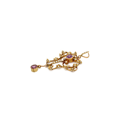 Late Victorian Amethyst & Seed Pearl 9 Carat Yellow Gold Lavaliere Style Pendant