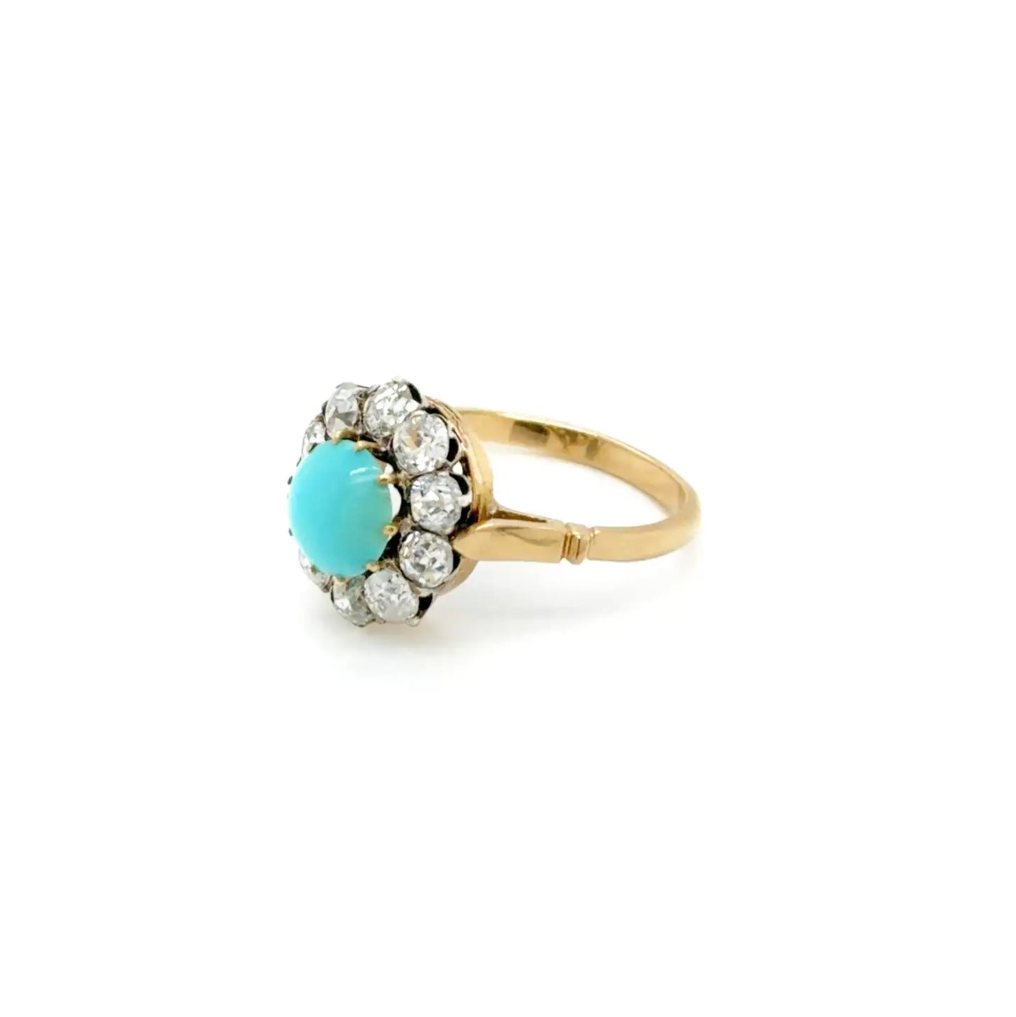 Cabochon Turquoise & Old Cut Diamond 18K Gold and Platinum Coronet Cluster Ring