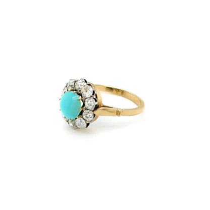 Cabochon Turquoise & Old Cut Diamond 18K Gold and Platinum Coronet Cluster Ring
