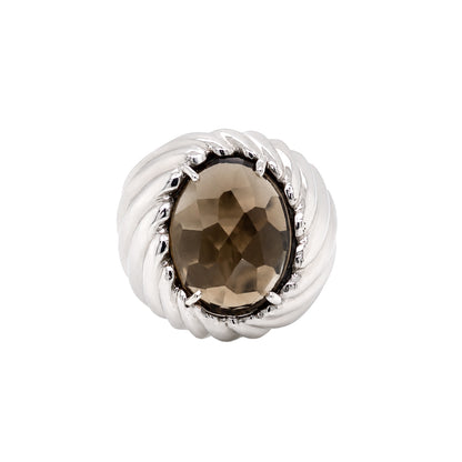 Faceted Oval Smoky Quartz Bombé Dome Cocktail Ring in 14 Carat White Gold