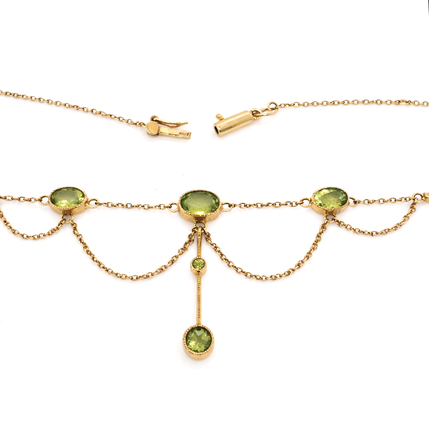 Edwardian Style Oval Peridot Drop Chain Necklace in 9 Carat Yellow Gold