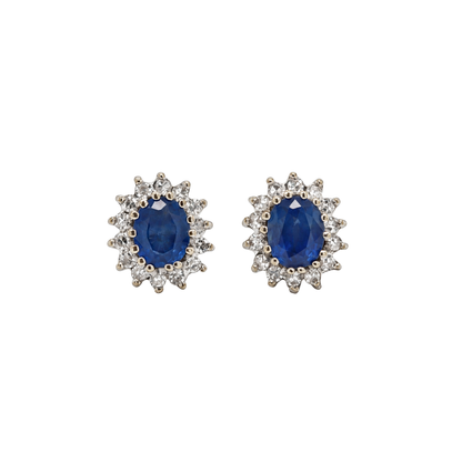 Blue Sapphire and Diamond Halo Oval Stud Earrings in 9 Carat Gold