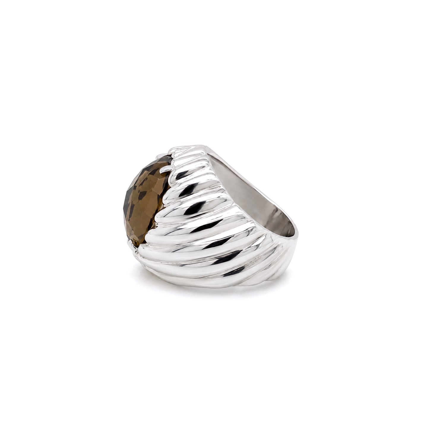 Faceted Oval Smoky Quartz Bombé Dome Cocktail Ring in 14 Carat White Gold