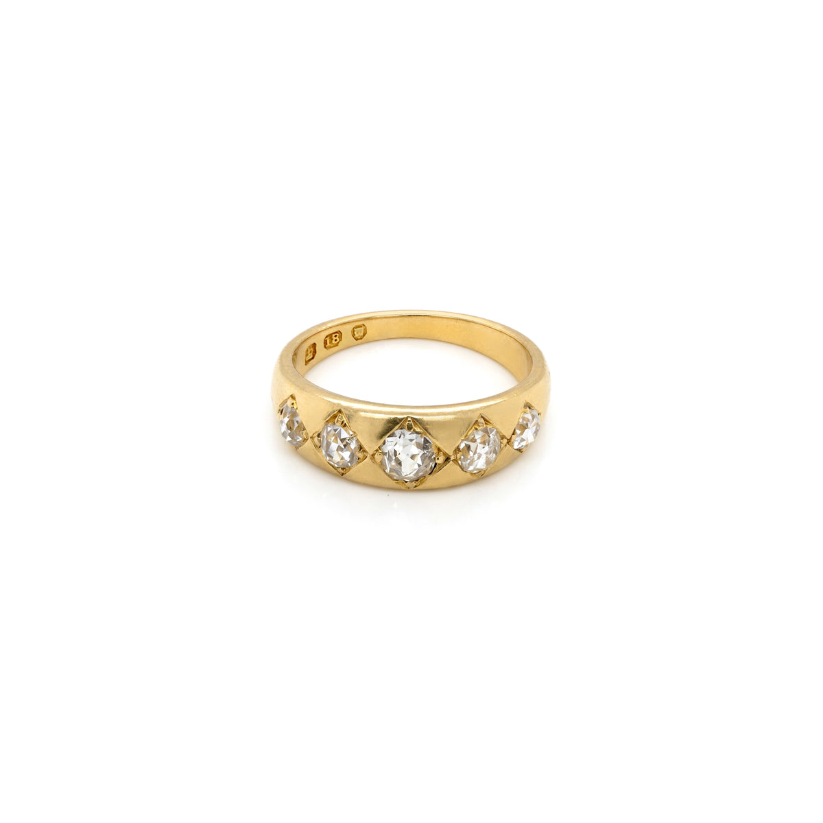 Late Victorian Old Mine Cut Diamond Five-Stone Band Ring in 18 Carat Yellow Gold