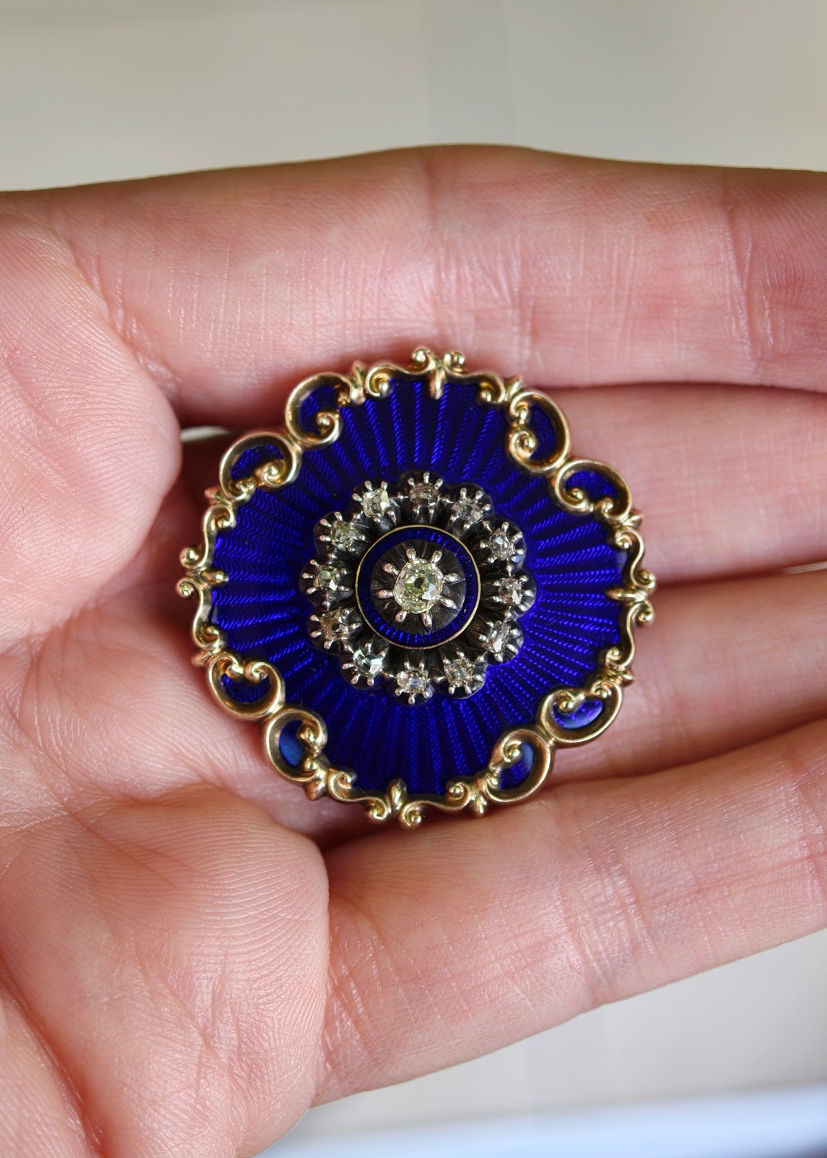 Blue Guilloché Enamel & Old Cut Diamond 15K Yellow Gold Brooch/Pendant, c.1880s