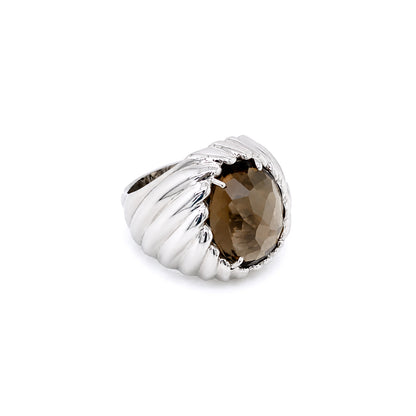 Faceted Oval Smoky Quartz Bombé Dome Cocktail Ring in 14 Carat White Gold