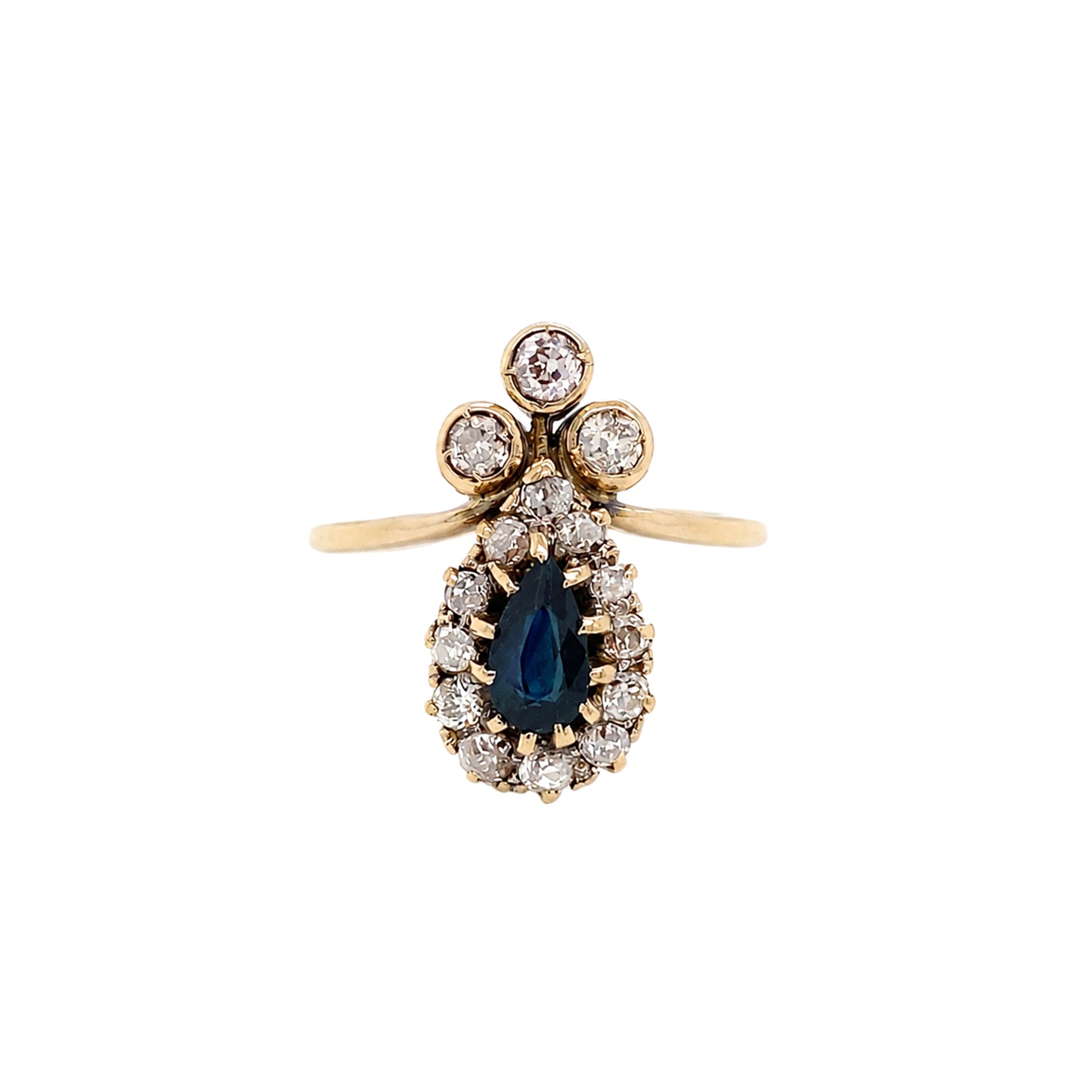 Pear Sapphire & Diamond Halo 18 Carat Yellow Gold Coronet Cluster Ring, c.1890s