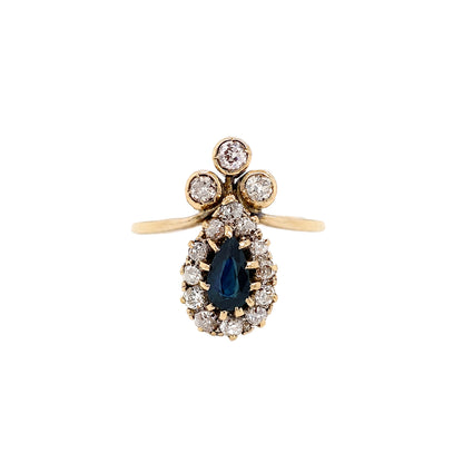 Pear Sapphire & Diamond Halo 18 Carat Yellow Gold Coronet Cluster Ring, c.1890s