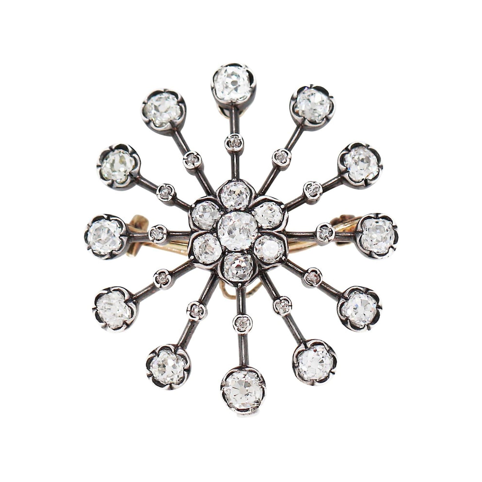 Antique Old Mine Cut Diamond Silver on Gold Brooch and Pendant, Circa 1880

