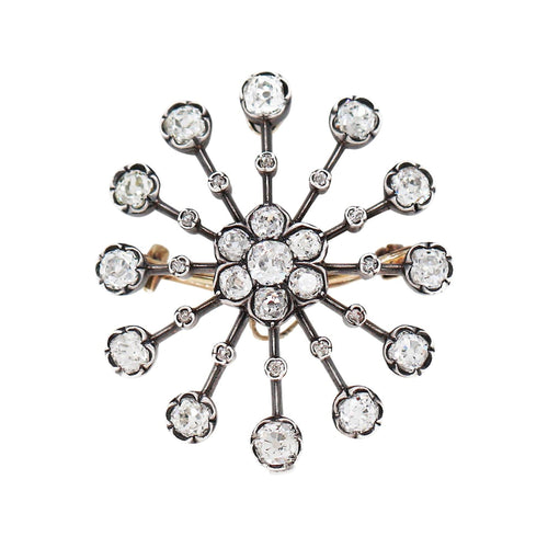 Antique Old Mine Cut Diamond Silver on Gold Brooch and Pendant, Circa 1880