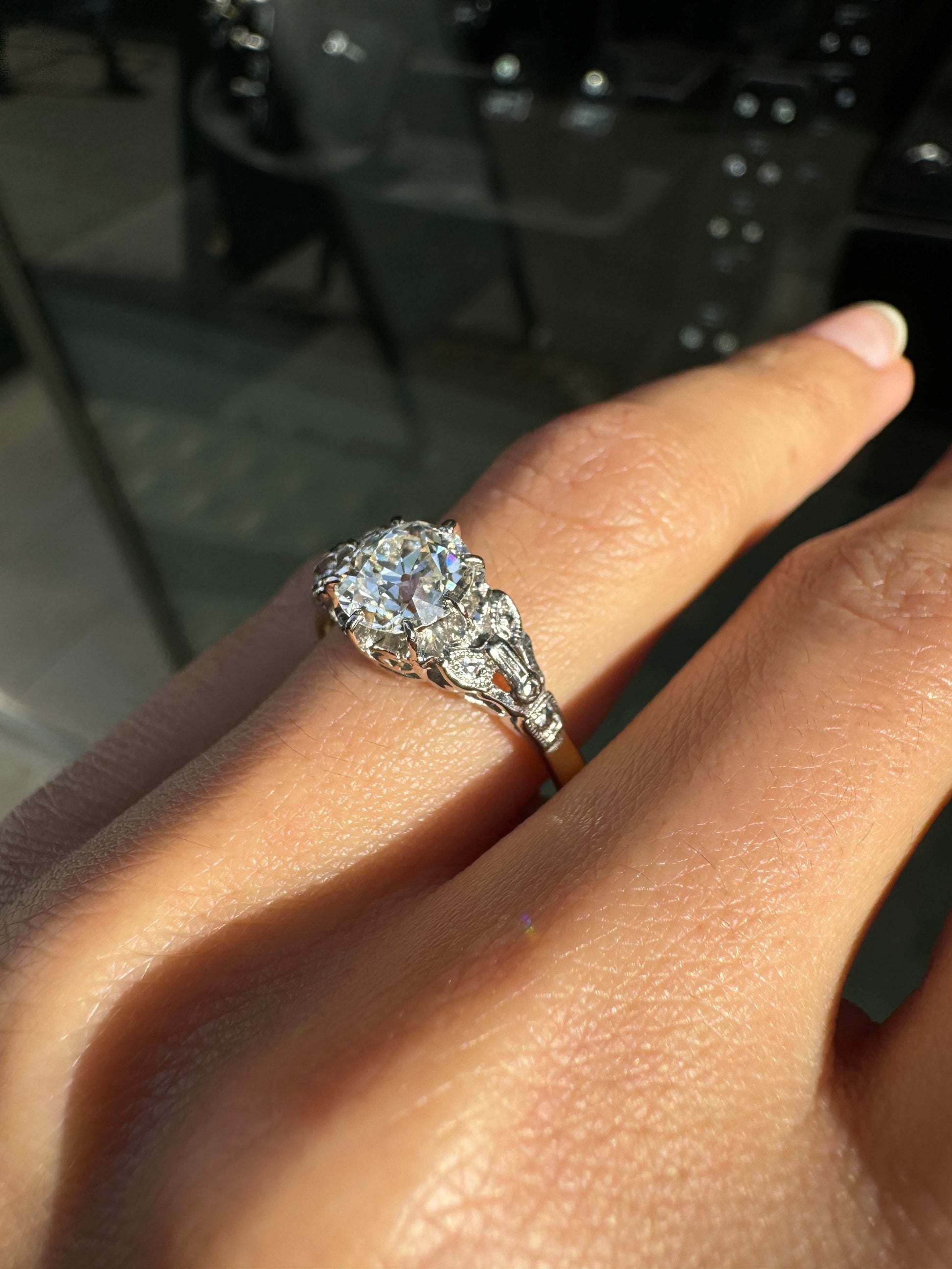 Antique 1.29ct Old Mine Cut Diamond 18 Carat Gold and Platinum Engagement Ring on hand side 2