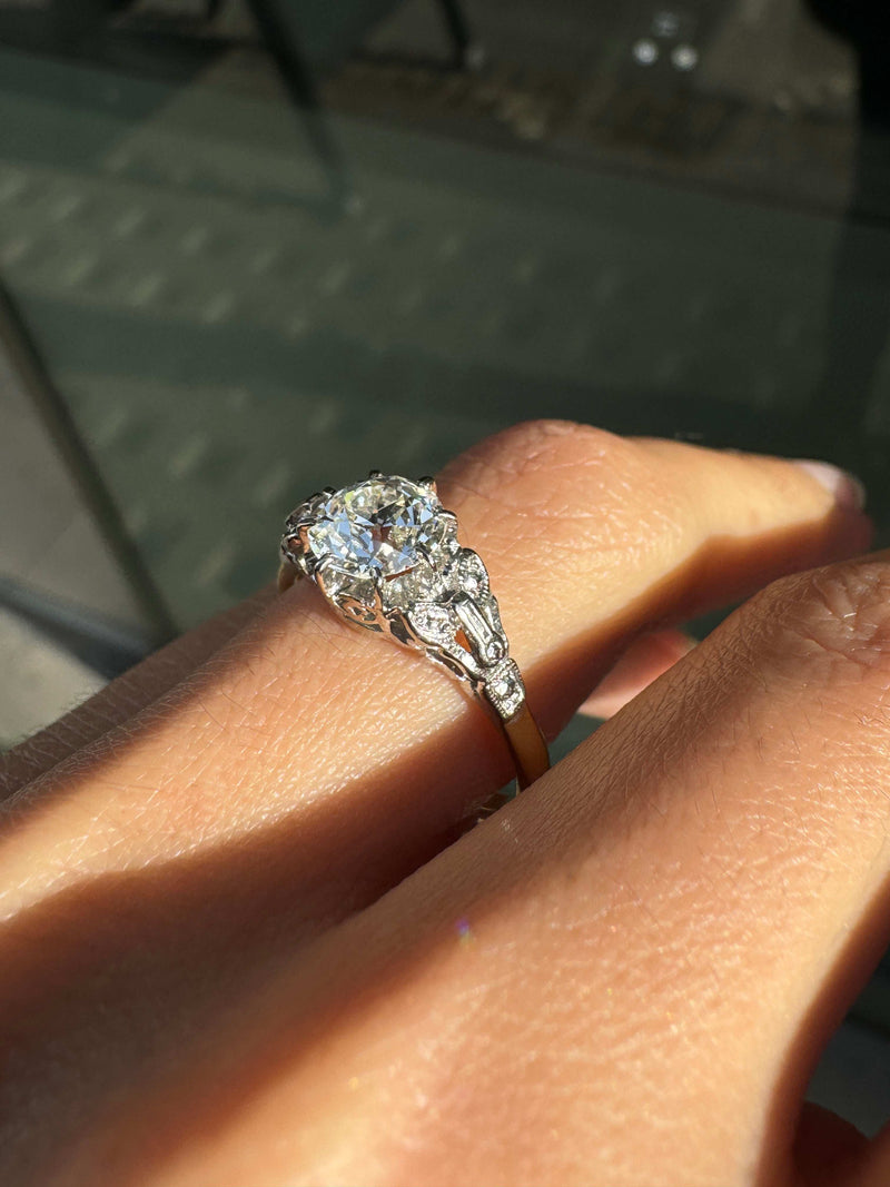 Antique 1.29ct Old Mine Cut Diamond 18 Carat Gold and Platinum Engagement Ring on hand side