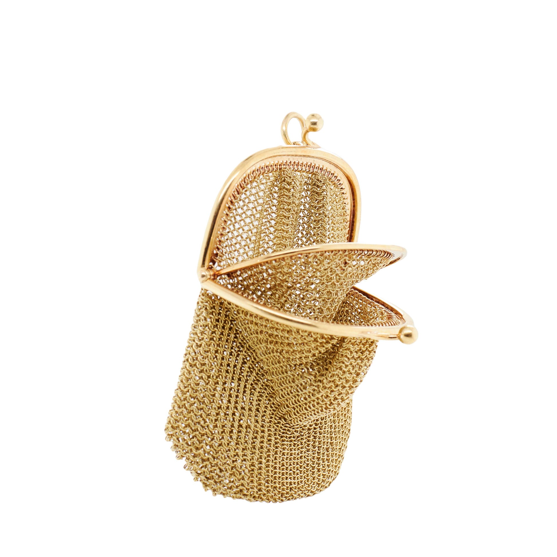 Gold mesh clutch on a white background
