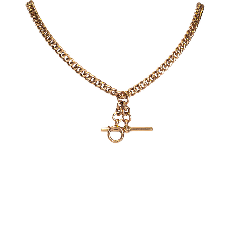 A rose gold antique Albert chain necklace with two lobster clasps and a T-bar and bolt ring.